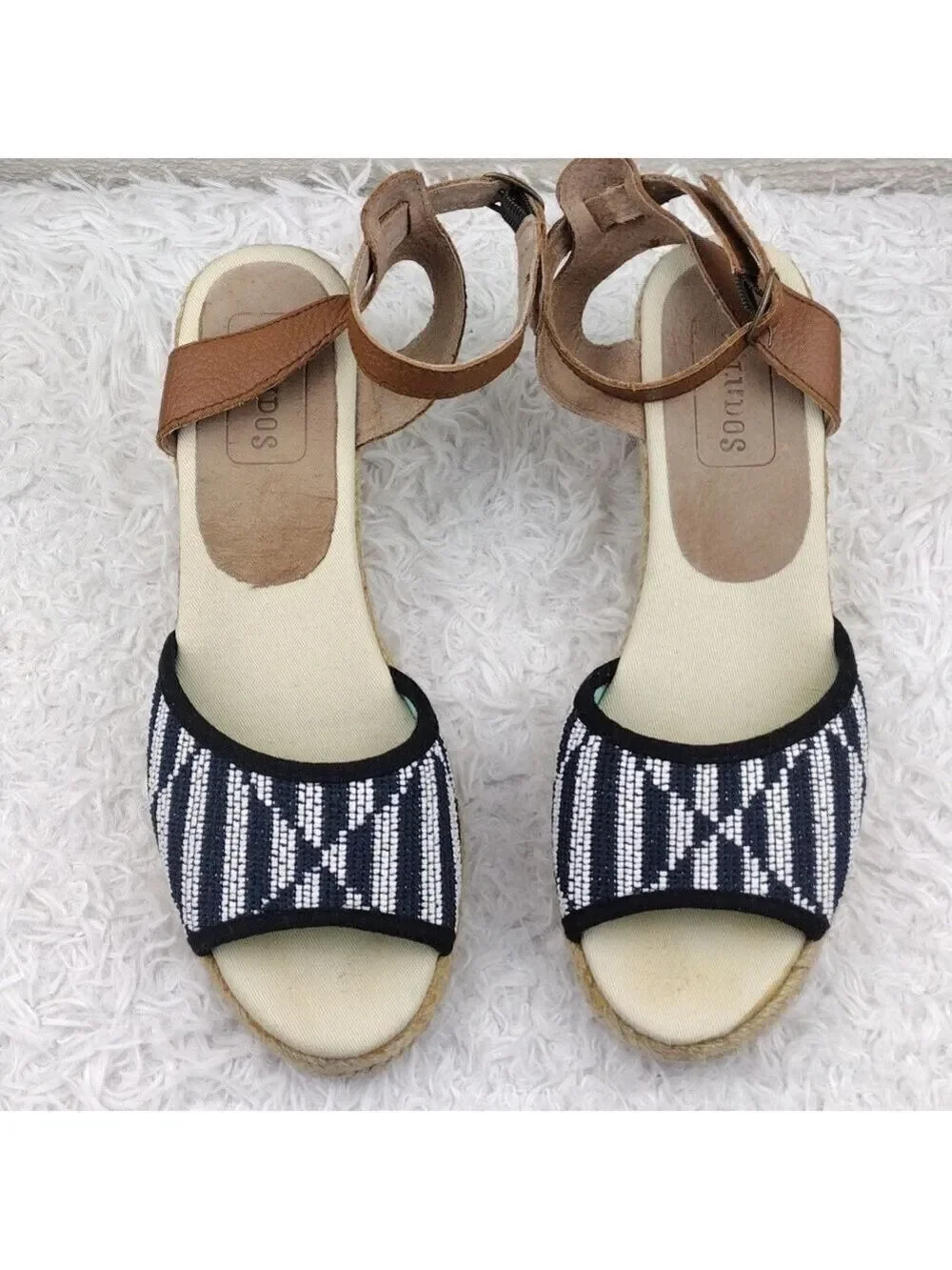 Soludos Tan Blue Embroidered Open Toe Wedged Heel Ankle Strap Espadrille Sandal